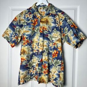 Pierre Cardin Mens Tropical Hawaiian Shirt Blue Cotton Island Print Hut Medium